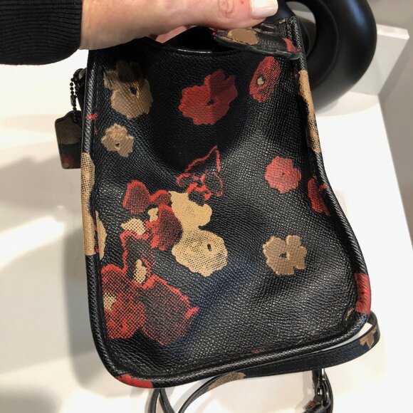 Coach Mini Crosby Floral Print Purse Black Satchel Bag Handbag Crossbody Poppies - Picture 6 of 11